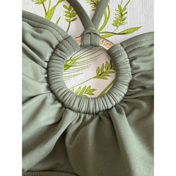 Michael Kors Olive Green Halter Tankini Swim Top W/ Gold Ring Detail & Ruched S - Picture 3 of 7